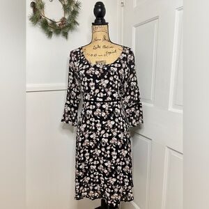 Garnet Hill Black Floral Eyelet Trim Silk Dress